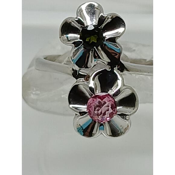 Vintage Sterling Silver Floral Ring Pink Green Tourmaline Gemstone Size 7 - Picture 10 of 10